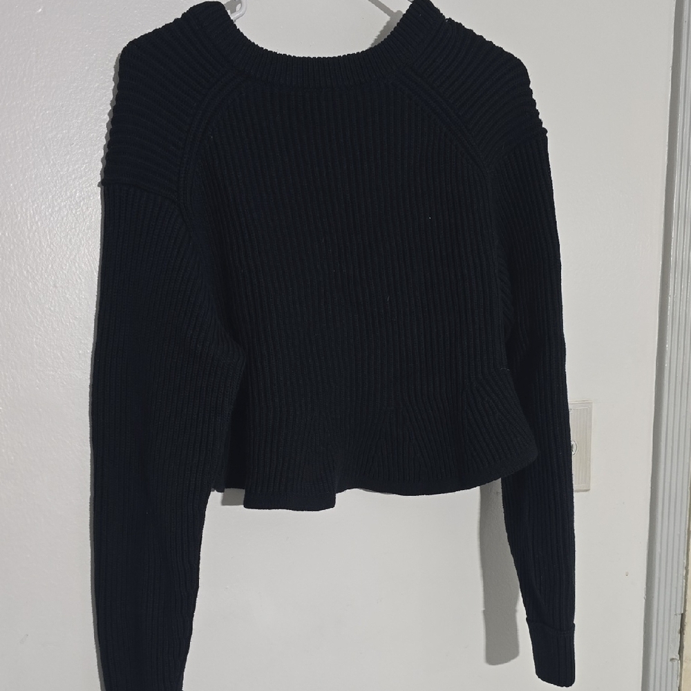 ALEXANDER WANG Cropped V Neck Ribbed Peplum Pullover Sweater in Black Size Small - Picture 7 of 9